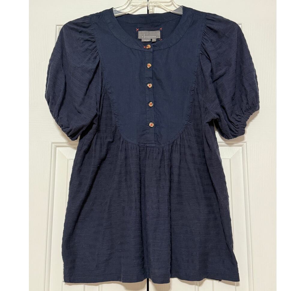 Anthropologie Blue Boho Short-Sleeve Blouse, Size XS